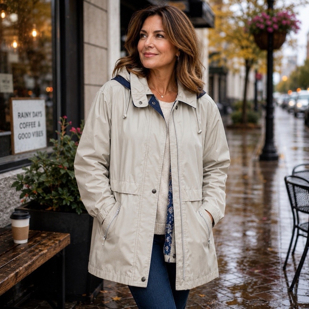 London Fog Hooded Raincoat Women M Beige Removable Liner & Hood Short
